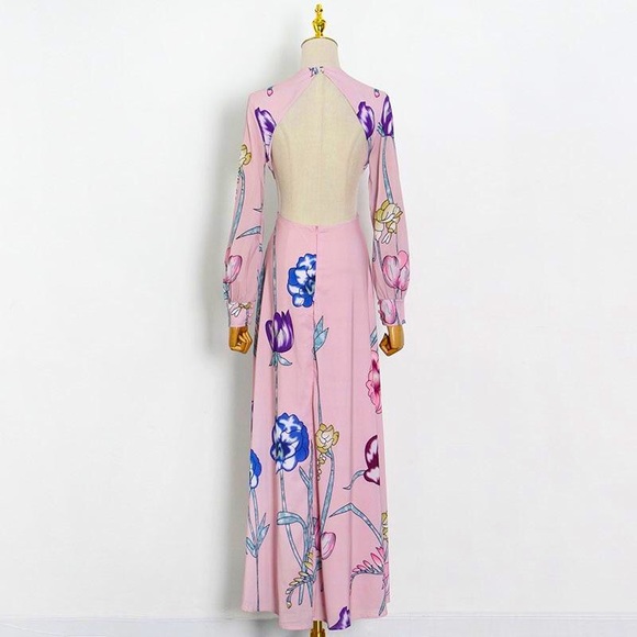 Sexy Backless Floral Print Long Sleeve Maxi Dress - Picture 4 of 6